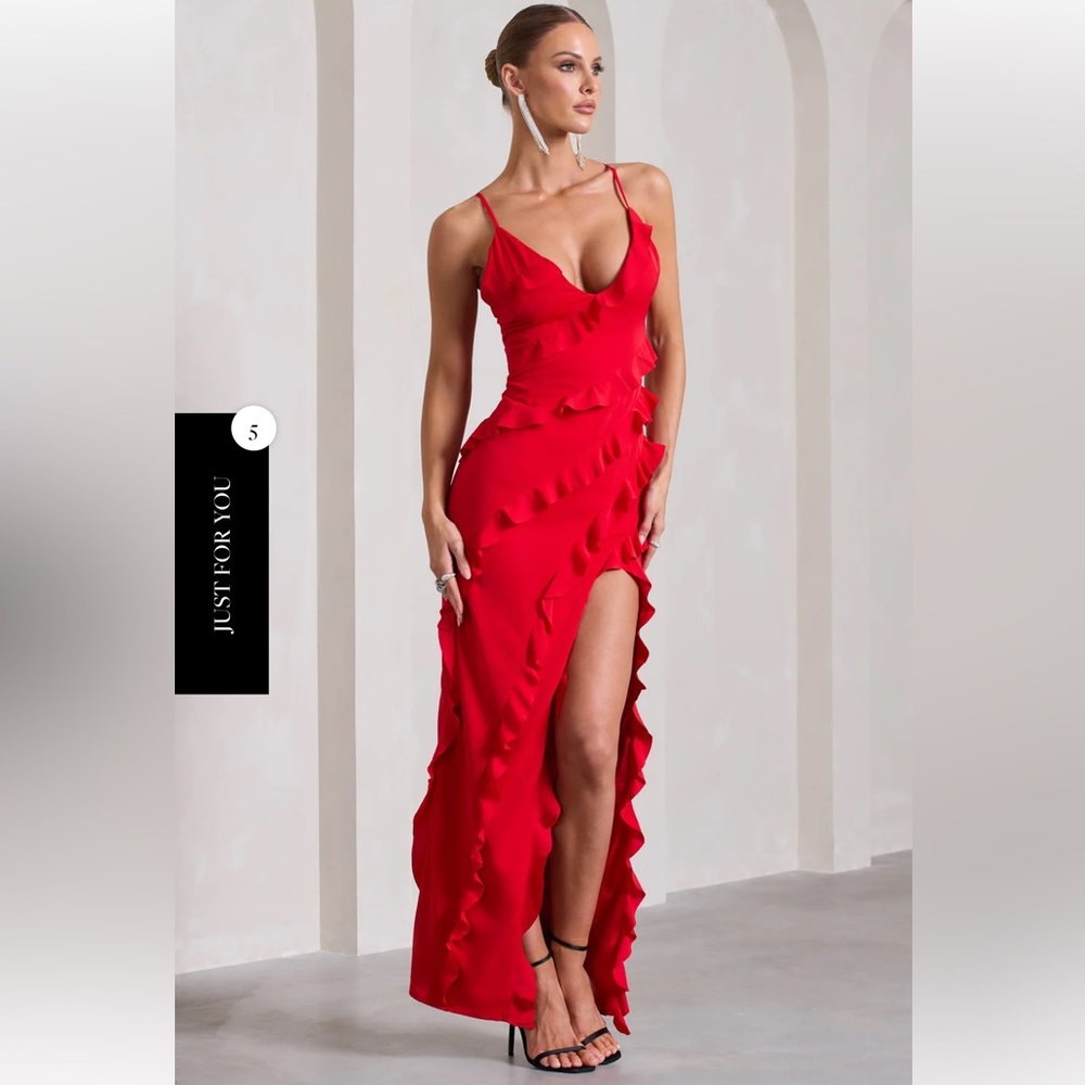 Club L London Run the World Red Plunge Neckline Ruffle Maxi Dress